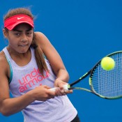 Annerly Poulos in action in the 14/u Australian Championships at the 2015 December Showdown; Elizabeth Xue Bai