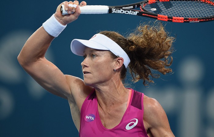 Sam Stosur in action during her first-round victory over Jana Cepelova at the Brisbane International; Getty Images