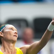 Sam Stosur in action against Jana Cepelova in the second singles rubber of the Australia v Slovakia World Group II first round tie in Bratislava; Roman Benicky