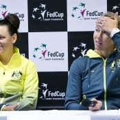Casey Dellacqua (L) and Alicia Molik at the Australia v Slovakia Fed Cup pre-tie press conference; Roman Benicky