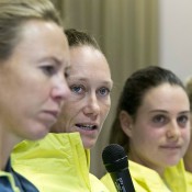 (L-R) Alicia Molik, Sam Stosur and Kimberly Birrell at the Australia v Slovakia Fed Cup pre-tie press conference; Roman Benicky