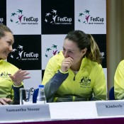 (L-R) Sam Stosur, Kimberly Birrell and Storm Sanders at the Australia v Slovakia Fed Cup pre-tie press conference; Roman Benicky