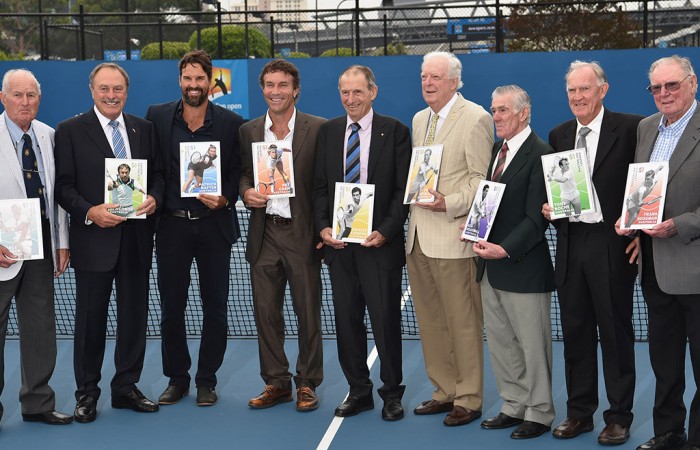 Australian tennis legends (L-R) Neale Fraser, John Newcombe, Patrick Rafter, Pat Cash, Ashley Cooper, Fred Stolle, Ken Rosewall, Tony Roche and Frank Sedgman pose after being honoured on a postage stamp as recipients of the 2016 Australia Post Legends Award; Vince Caligiuri/Getty Images