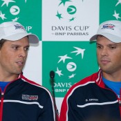 The Bryan brothers speak to the media following the Australia v United States official draw ceremony at Kooyong Lawn Tennis Club