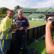 Australian captain Lleyton Hewitt (L) and US captain Jim Courier at the Australia v United States official draw ceremony at Kooyong Lawn Tennis Club