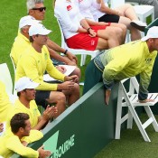 Sam Groth (R) cheers from the sidelines during the doubles rubber of the Australia v United States Davis Cup World Group tie at Kooyong Lawn Tennis Club; Getty Images