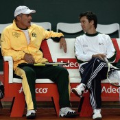 John Fitzgerald and Todd Woodbridge ahead of Australia's World Group first round tie against Switzerland in Geneva in 2006; Getty Images