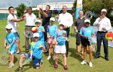 Pat Rafter (back row, third from left) and Tennis Australia president Steve Healy (back right) at the announcement of plans for a multimillion dollar tennis facility in Darwin; photo credit NT Government
