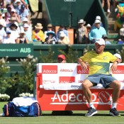 Australian Davis Cup captain Lleyton Hewitt watches courtside during  the Australia v United States Davis Cup tie at Kooyong Lawn Tennis Club; SMP Images