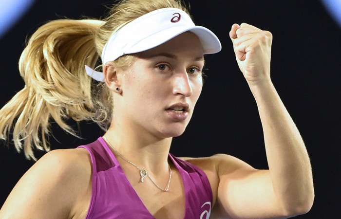 Daria Gavrilova gestures during her women's singles match against Spain's Carla Suarez Navarro on day seven of the 2016 Australian Open tennis tournament in Melbourne on January 24, 2016. AFP PHOTO / PETER PARKS-- IMAGE RESTRICTED TO EDITORIAL USE - STRICTLY NO COMMERCIAL USE / AFP / PETER PARKS        (Photo credit should read PETER PARKS/AFP/Getty Images)
