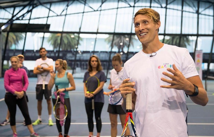 Luke Hines at the launch of Fitbit Cardio Tennis at Melbourne's National Tennis Centre; Tennis Australia