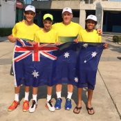 The Australian World Junior Tennis team of (L-R) Philip Sekulic, Alex Bulte, captain Bernie Goerlitz and Enzo Aguiard at the Asia/Oceania final qualifying event in Nonthaburi, Thailand; Tennis Australia