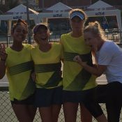 Australia's World Junior Tennis team of (L-R) Annerly Poulos, Natasha Russell and Olivia Gadecki pose with Australia pro Jess Moore at the Asia/Oceania final qualifying competition in Thailand; Tennis Australia