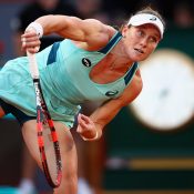 Sam Stosur in action during her third-round win over Carla Suarez Navarro at the Mutua Madrid Open; Getty Images