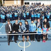 Todd Woodbridge (front row, second from left) was in Canberra to officially open new ANZ Hot Shots mini-courts at two primary schools; Tennis Australia