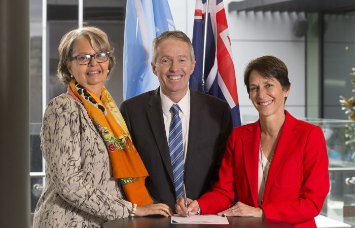 UN Empower Women Consultation.  Patricia Francis (UN Secretariat Rep ), Craig Tiley (Tennis Australia CEO) and Jayne Hrdlicka (TA Board member and Jetstar CEO)