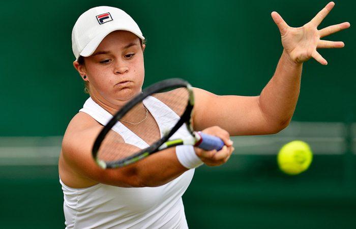 Ash Barty in action during her second-round Wimbledon qualifying loss to Luksika Kumkhum of Thailand; Getty Images