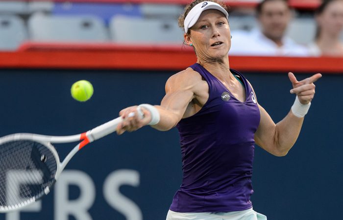 Sam Stosur fires a forehand during her first-round victory over Heather Watson at the Coupe Rogers in Montreal; Getty Images