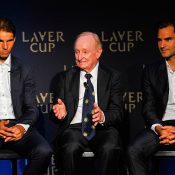(L-R) Rafael Nadal, Rod Laver and Roger Federer in New York at the launch of the Laver Cup