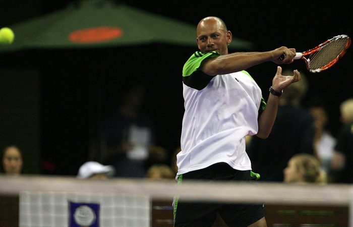 Andrew Florent takes part in the Gerard McCabe Jewellers Celebrity Tennis Challenge at the Adelaide Entertainment Centre in December 2007, an event raising funds to benefit the research work of the Bone Growth Foundation; Getty Images