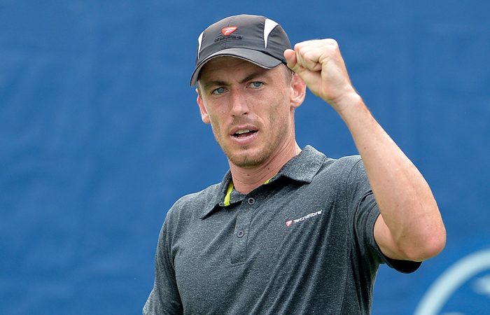John Millman celebrates a point during his third-round victory over Bjorn Fratangelo at the ATP Winston-Salem Open; Getty Images
