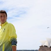 Bernard Tomic with a stunning Sydney Harbour backdrop at the draw ceremony; Getty Images
