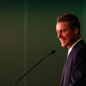 Lleyton Hewitt speaks at the official team dinner; Getty Images