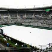 Rain falls over Ken Rosewall Arena in Sydney, washing out the final day of Australia's Davis Cup World Group Play-off tie against Slovakia; Getty Images