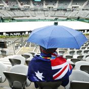 Rain falls over Ken Rosewall Arena in Sydney, washing out the final day of Australia's Davis Cup World Group Play-off tie against Slovakia; Getty Images