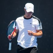 Omar Jasika celebrates a winning point during his four-set AO Play-off final victory over John-Patrick Smith; photo credit Elizabeth Xue Bai