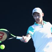 Blake Mott of Australia plays a forehand during his victory at Melbourne Park.