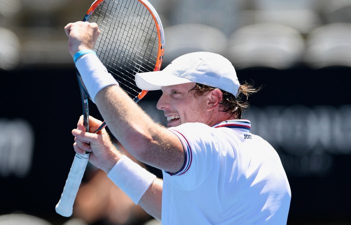 Matthew Barton of Australia celebrates victory in the Apia International Sydney first round