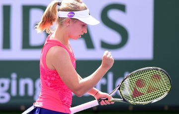 Daria Gavrilova was pumped up during her straight-sets win over Yanina Wickmayer in the second round of the 2017 BNP Paribas Open; Getty Images