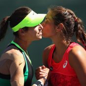 Ajla Tomljanovic (L) fell to Julia Goerges in the first round at Indian Wells; Getty Images