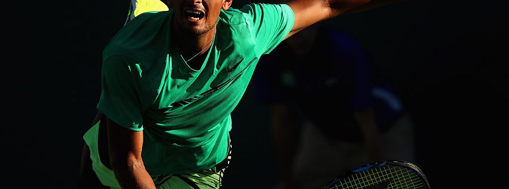 Nick Kyrgios slams down a serve at the 2017 BNP Paribas Open; Getty Images