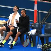 GOOD SPIRITS: Jordan Thompson and Nick Kyrgios share a laugh during practice; SMP Images