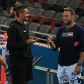 FRIENDLY BANTER: Good friends, and soon-to-be opponents, Nick Kyrgios and Jack Sock were in good spirits as their teams practiced at Pat Rafter Arena; SMP Images