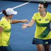 Ash Barty (L) and Casey Dellacqua in doubles action for Australia; photo credit Srdjan Stevanovic