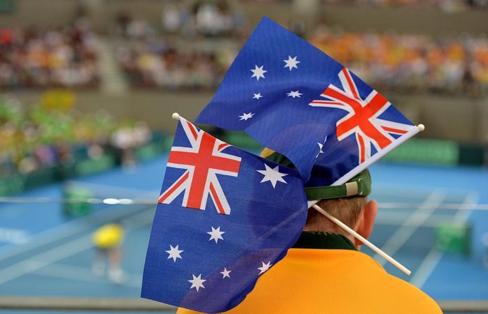 BRISBANE, AUSTRALIA - APRIL 07:  An Australian fan watches on during the Davis Cup World Group Quarterfinals between Australia and the USA at Pat Rafter Arena on April 7, 2017 in Brisbane, Australia.  (Photo by Bradley Kanaris/Getty Images)