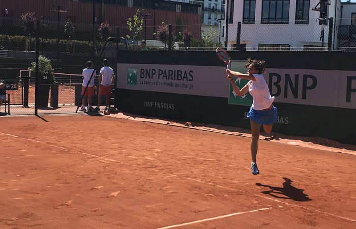 Jaimee Fourlis in action during her French Open women's wildcard play-off final win over Isabelle Wallace; photo credit Matt Trollope