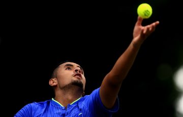 Nick Kyrgios serves during a match at The Boodles exhibition event; Getty Images