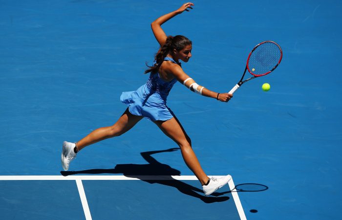 MELBOURNE, AUSTRALIA - JANUARY 18:  Jaimee Fourlis of Australia plays a backhand in her second round match against Svetlana Kuznetsova of Russia on day three of the 2017 Australian Open at Melbourne Park on January 18, 2017 in Melbourne, Australia.  (Photo by Cameron Spencer/Getty Images)