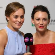 Ash Barty (L) and Casey Dellacqua at the WTA Finals doubles draw ceremony in Singapore; Getty Images
