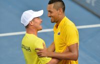 Lleyton Hewitt (L) celebrates with Nick Kyrgios after Kyrgios beat John Isner in Australia's 2017 Davis Cup quarterfinal against the USA; Getty Images