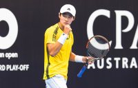 Soon Woo Kwon of South Korea celebrates his first-round victory at the Australian Open Asia-Pacific Wildcard Play-off in Zhuhai, China.