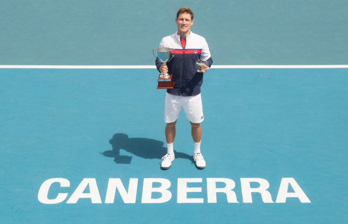 Matt Ebden (AUS) poses for a photo with his champions trophy after winning the Men's Singles final against Taro Daniel (JPN) 7-6 6-4 on Day nine of the Apis Canberra International #ApisCBRINTL. Match was played at Canberra Tennis Centre in Lyneham, Canberra, ACT, Australia on Sunday 5 November 2017. Photo: Ben Southall. #Tennis #Canberra