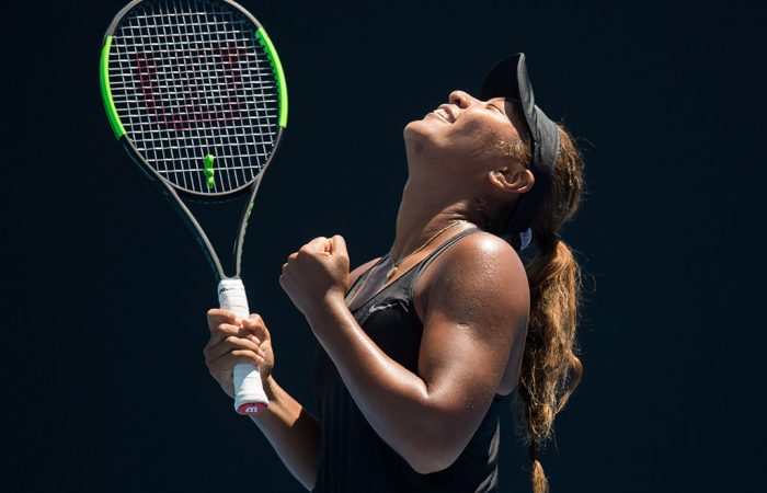 Destanee Aiava celebrates the moment she sealed her Australian Open Play-off victory over Tammi Patterson (photo credit Elizabeth Xue Bai)