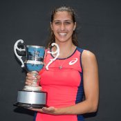 Jaimee Fourlis poses with the trophy after her victory over Destanee Aiava in the final of the 18/u Australian Championships at Melbourne Park; Elizabeth Xue Bai