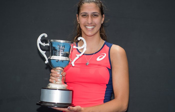 Jaimee Fourlis poses with the trophy after her victory over Destanee Aiava in the final of the 18/u Australian Championships at Melbourne Park; Elizabeth Xue Bai
