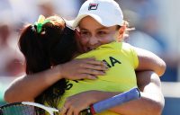 Ash Barty (R) and Casey Dellacqua embrace after winning their doubles rubber to seal a 3-2 victory for Australia in Fed Cup against Ukraine in Canberra; Getty Images